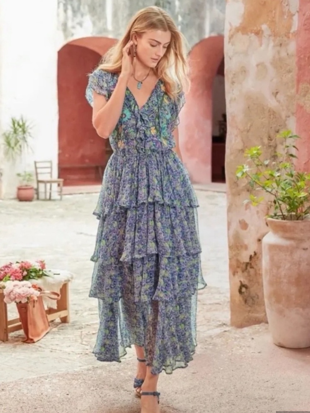 Stunning Sundance Eden Teal and Lavender embroidered Ruffle Dress M